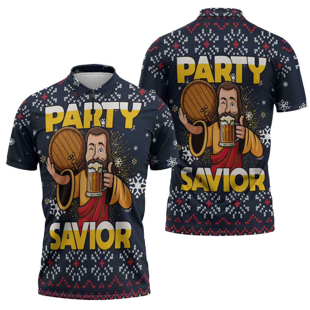 Jesus Party Savior Christmas Zipper Polo Shirt Funny Xmas Holiday Patterns - Wonder Print Shop