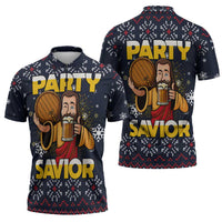 Jesus Party Savior Christmas Zipper Polo Shirt Funny Xmas Holiday Patterns - Wonder Print Shop