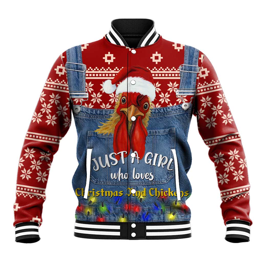 Just A Girl Who Loves Christmas And Chickens Christmas Baseball Jacket Funny Xmas Holiday Patterns - Wonder Print Shop