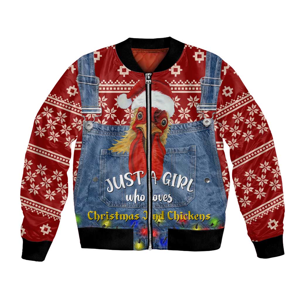 Just A Girl Who Loves Christmas And Chickens Christmas Bomber Jacket Funny Xmas Holiday Patterns - Wonder Print Shop
