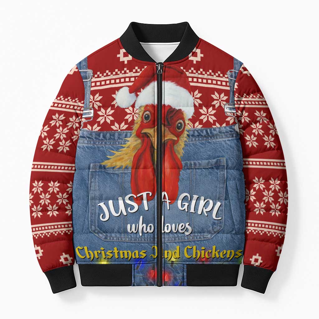 Just A Girl Who Loves Christmas And Chickens Christmas Bomber Puffer Jacket Funny Xmas Holiday Patterns - Wonder Print Shop