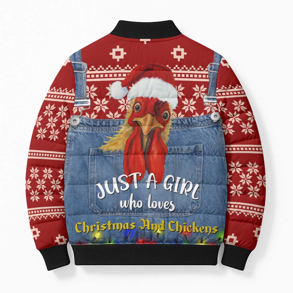Just A Girl Who Loves Christmas And Chickens Christmas Bomber Puffer Jacket Funny Xmas Holiday Patterns - Wonder Print Shop