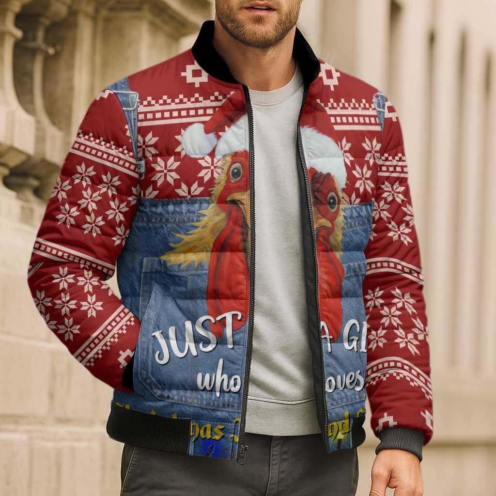 Just A Girl Who Loves Christmas And Chickens Christmas Bomber Puffer Jacket Funny Xmas Holiday Patterns - Wonder Print Shop