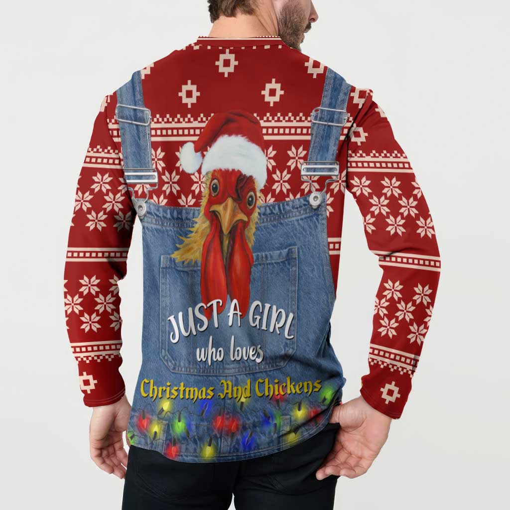 Just A Girl Who Loves Christmas And Chickens Christmas Button Sweatshirt Funny Xmas Holiday Patterns - Wonder Print Shop