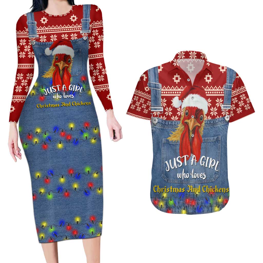 Just A Girl Who Loves Christmas And Chickens Christmas Couples Matching Long Sleeve Bodycon Dress and Hawaiian Shirt Funny Xmas Holiday Patterns - Wonder Print Shop