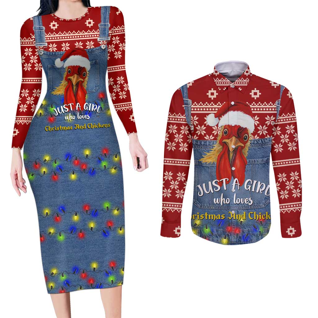 Just A Girl Who Loves Christmas And Chickens Christmas Couples Matching Long Sleeve Bodycon Dress and Long Sleeve Button Shirt Funny Xmas Holiday Patterns - Wonder Print Shop
