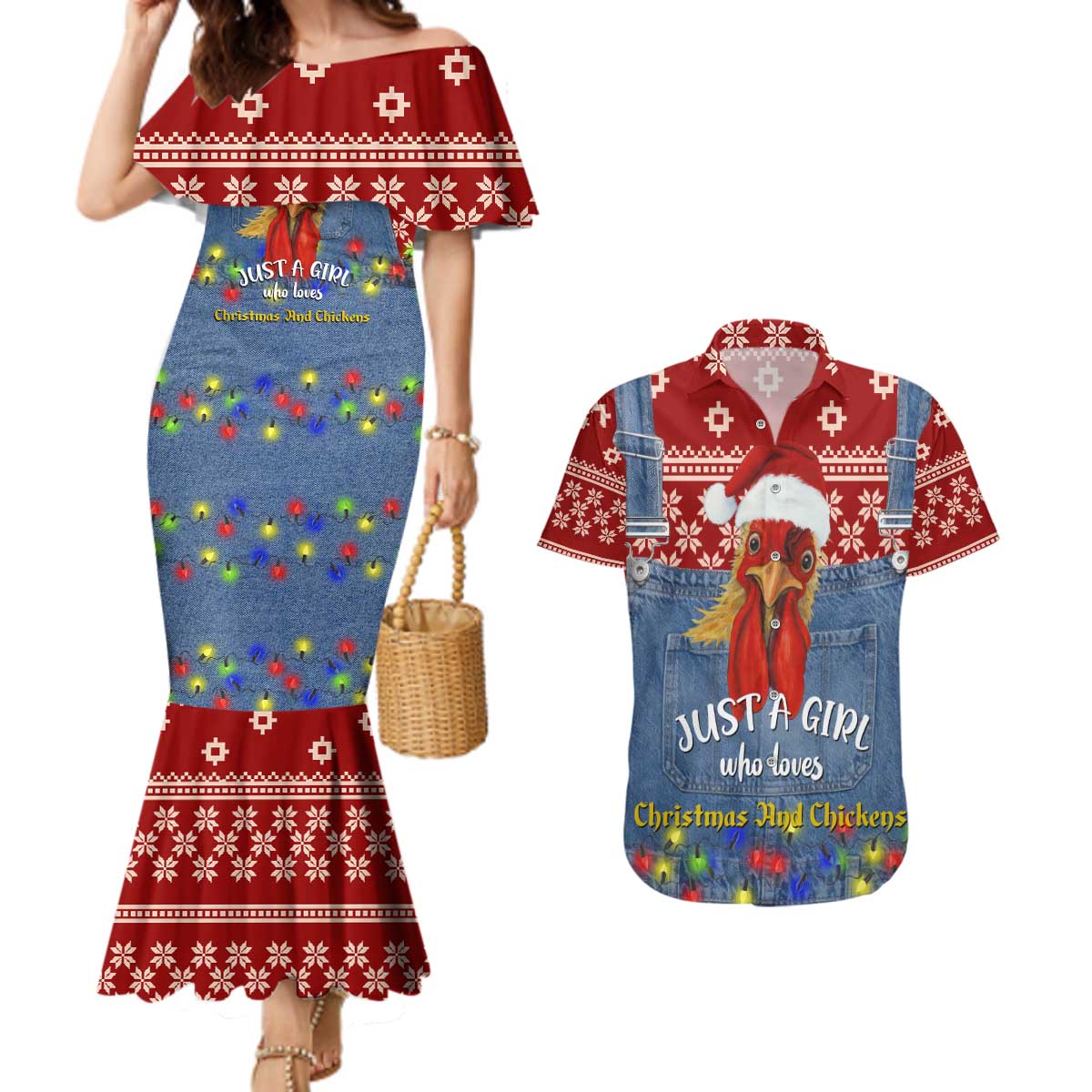 Just A Girl Who Loves Christmas And Chickens Christmas Couples Matching Mermaid Dress and Hawaiian Shirt Funny Xmas Holiday Patterns - Wonder Print Shop