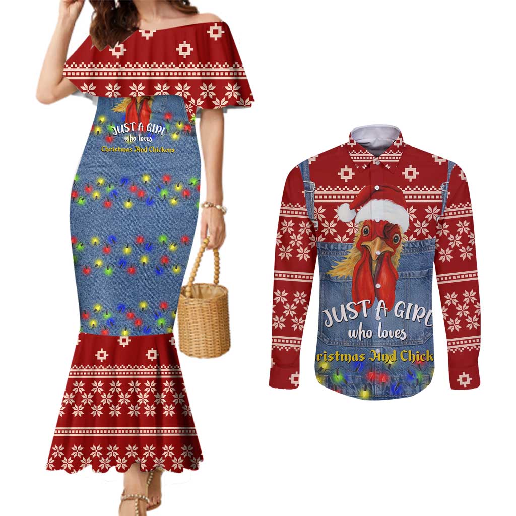 Just A Girl Who Loves Christmas And Chickens Christmas Couples Matching Mermaid Dress and Long Sleeve Button Shirt Funny Xmas Holiday Patterns - Wonder Print Shop
