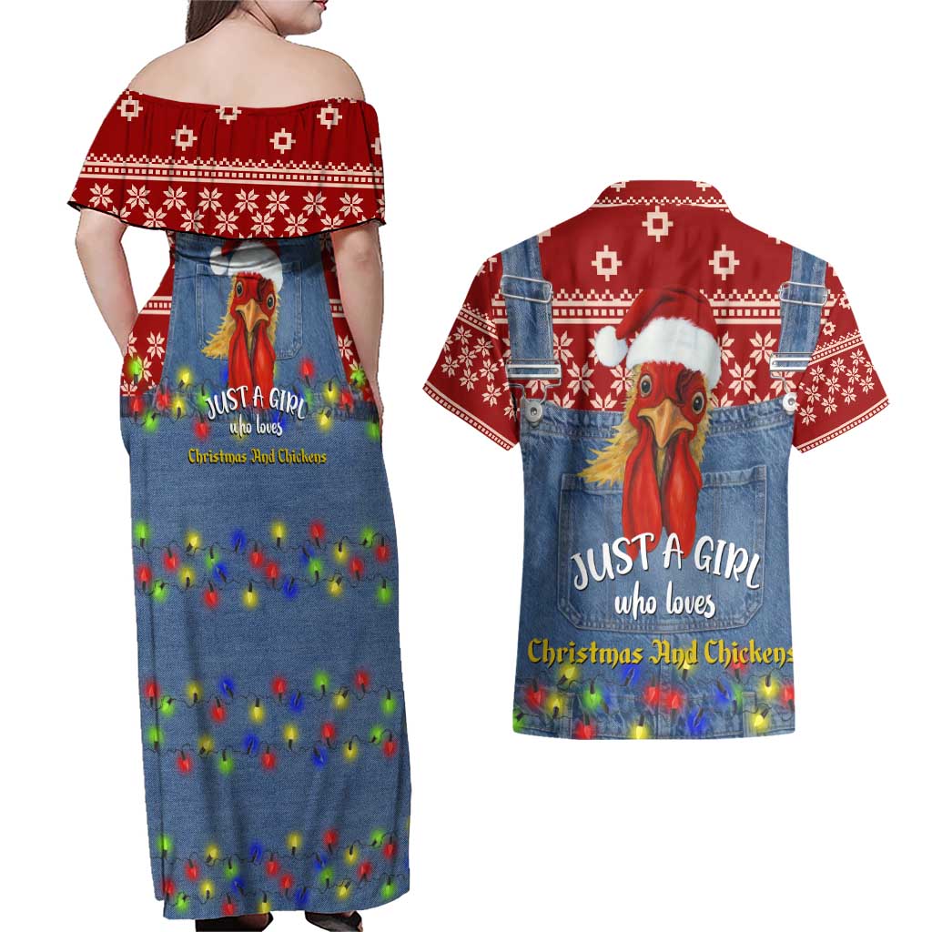 Just A Girl Who Loves Christmas And Chickens Christmas Couples Matching Off Shoulder Maxi Dress and Hawaiian Shirt Funny Xmas Holiday Patterns - Wonder Print Shop