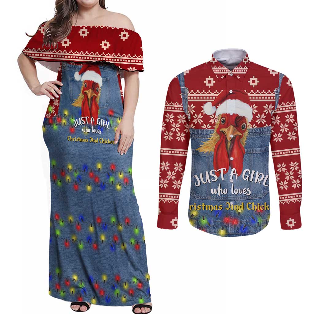 Just A Girl Who Loves Christmas And Chickens Christmas Couples Matching Off Shoulder Maxi Dress and Long Sleeve Button Shirt Funny Xmas Holiday Patterns - Wonder Print Shop