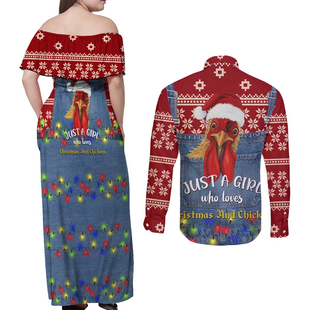 Just A Girl Who Loves Christmas And Chickens Christmas Couples Matching Off Shoulder Maxi Dress and Long Sleeve Button Shirt Funny Xmas Holiday Patterns - Wonder Print Shop