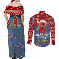 Just A Girl Who Loves Christmas And Chickens Christmas Couples Matching Off Shoulder Maxi Dress and Long Sleeve Button Shirt Funny Xmas Holiday Patterns - Wonder Print Shop