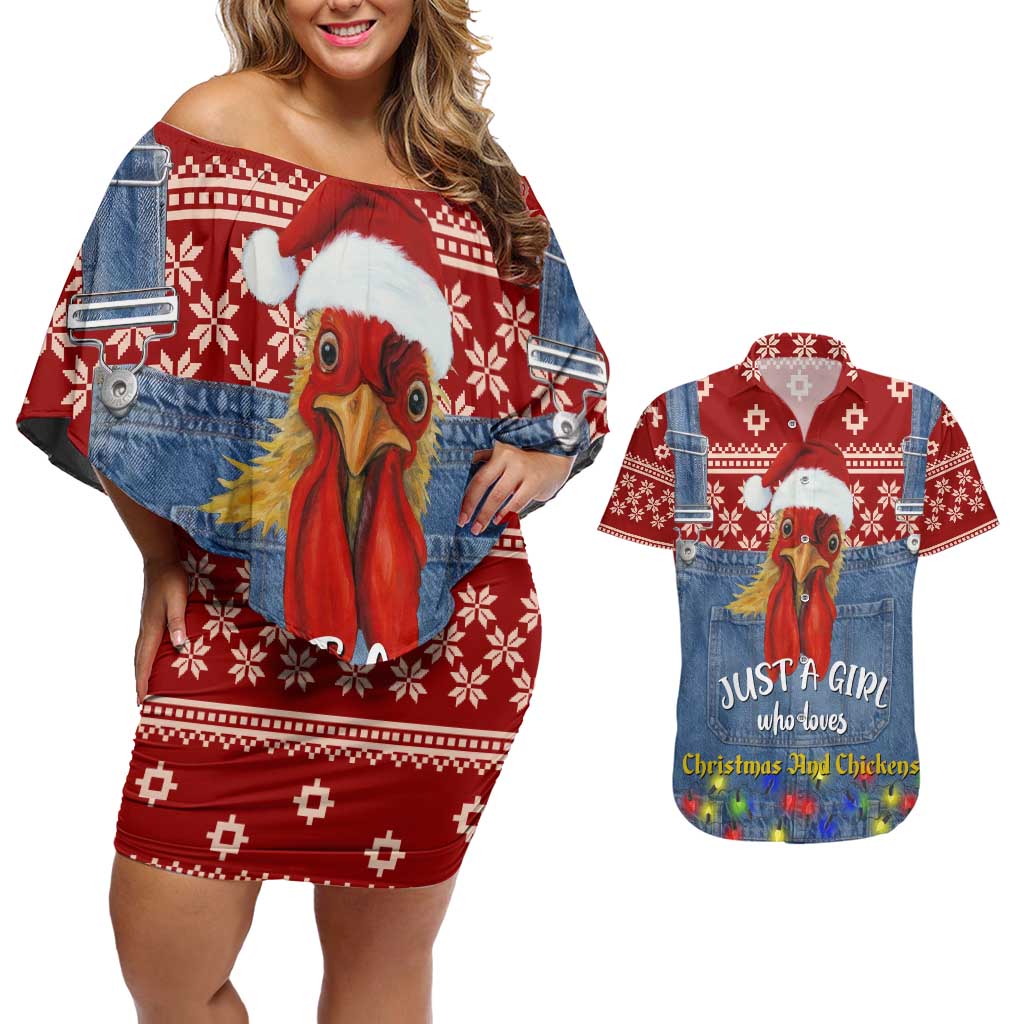 Just A Girl Who Loves Christmas And Chickens Christmas Couples Matching Off Shoulder Short Dress and Hawaiian Shirt Funny Xmas Holiday Patterns - Wonder Print Shop