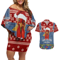 Just A Girl Who Loves Christmas And Chickens Christmas Couples Matching Off Shoulder Short Dress and Hawaiian Shirt Funny Xmas Holiday Patterns - Wonder Print Shop