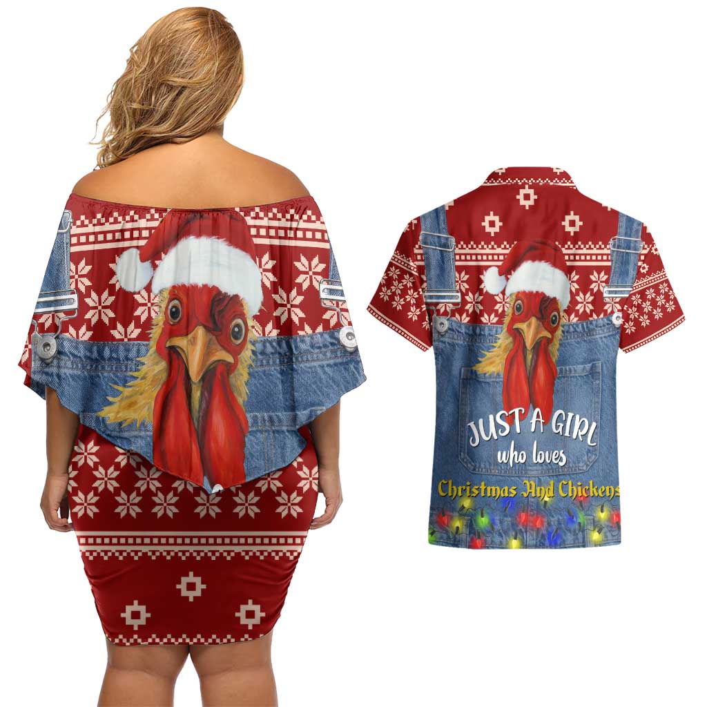 Just A Girl Who Loves Christmas And Chickens Christmas Couples Matching Off Shoulder Short Dress and Hawaiian Shirt Funny Xmas Holiday Patterns - Wonder Print Shop