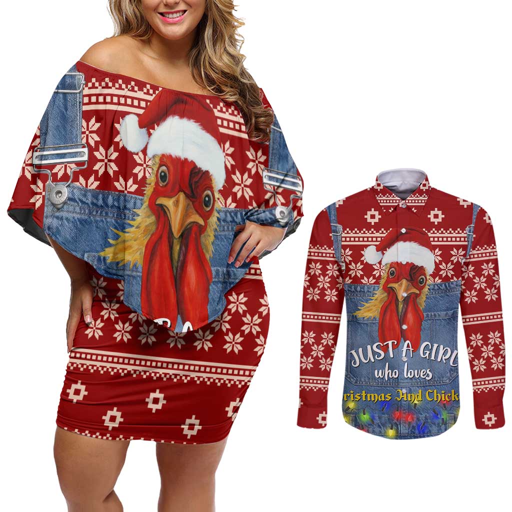 Just A Girl Who Loves Christmas And Chickens Christmas Couples Matching Off Shoulder Short Dress and Long Sleeve Button Shirt Funny Xmas Holiday Patterns - Wonder Print Shop