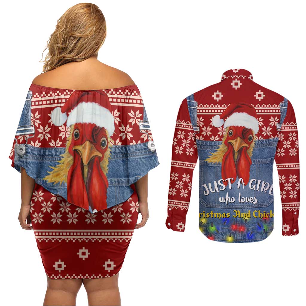 Just A Girl Who Loves Christmas And Chickens Christmas Couples Matching Off Shoulder Short Dress and Long Sleeve Button Shirt Funny Xmas Holiday Patterns - Wonder Print Shop