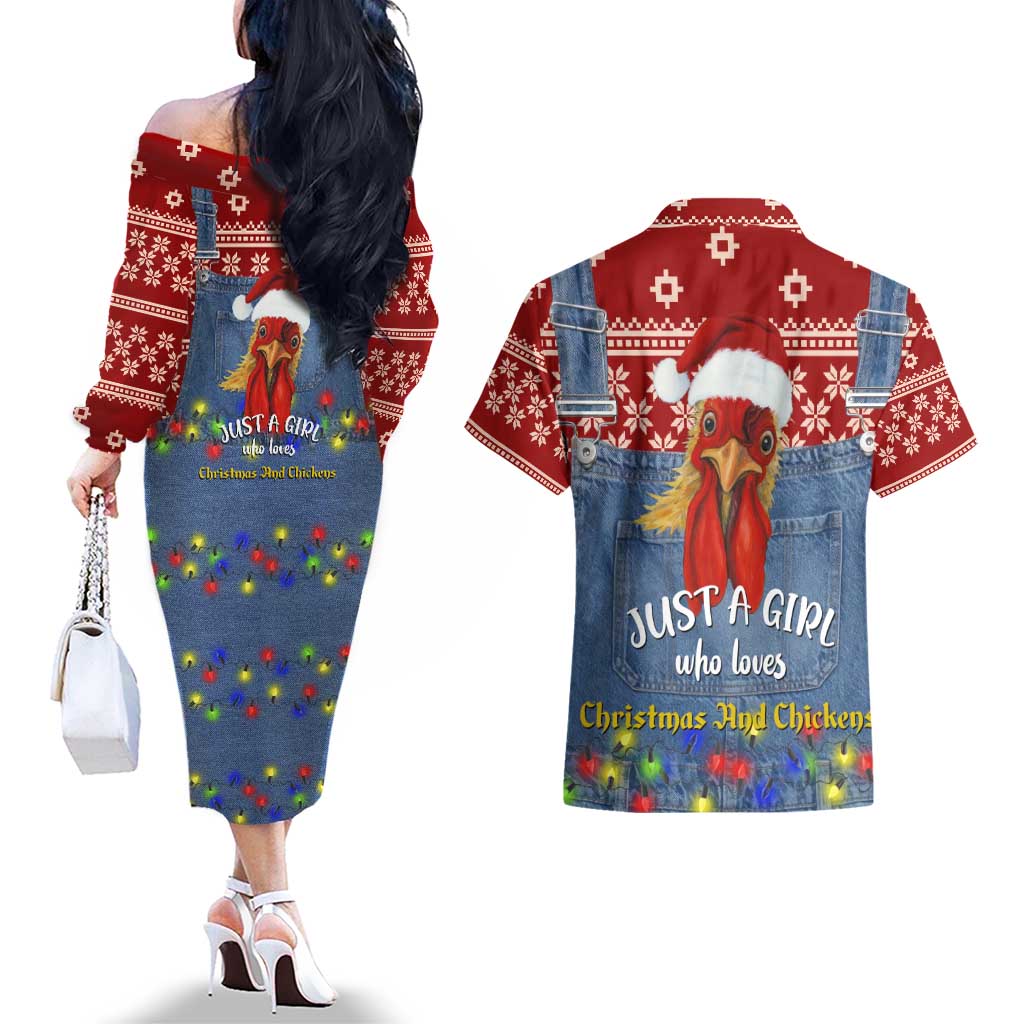 Just A Girl Who Loves Christmas And Chickens Christmas Couples Matching Off The Shoulder Long Sleeve Dress and Hawaiian Shirt Funny Xmas Holiday Patterns - Wonder Print Shop