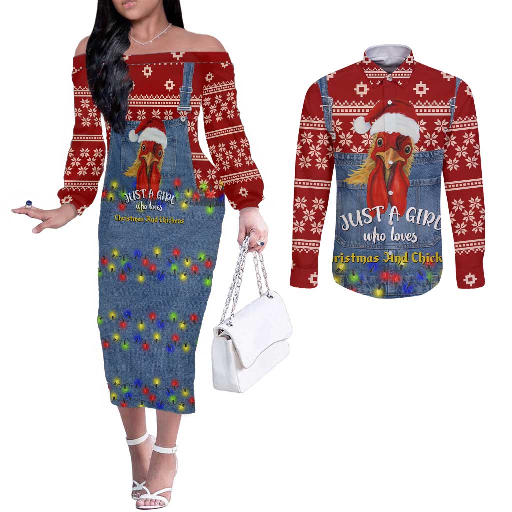 Just A Girl Who Loves Christmas And Chickens Christmas Couples Matching Off The Shoulder Long Sleeve Dress and Long Sleeve Button Shirt Funny Xmas Holiday Patterns - Wonder Print Shop