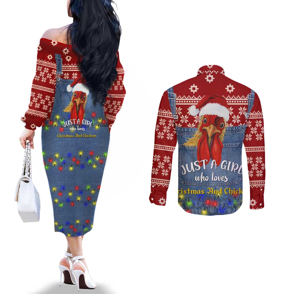 Just A Girl Who Loves Christmas And Chickens Christmas Couples Matching Off The Shoulder Long Sleeve Dress and Long Sleeve Button Shirt Funny Xmas Holiday Patterns - Wonder Print Shop