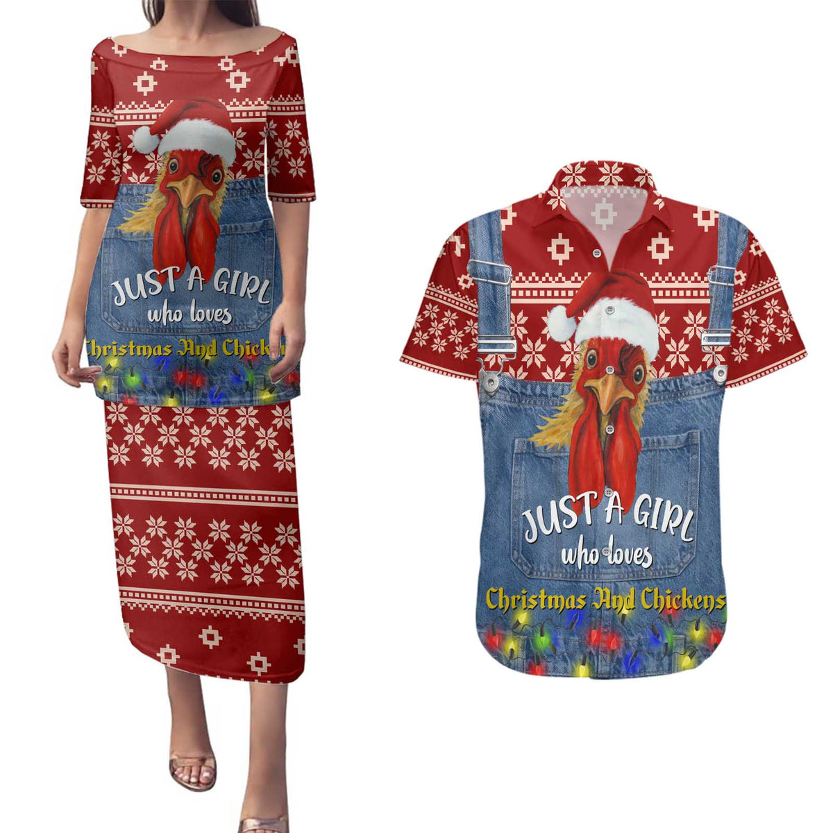 Just A Girl Who Loves Christmas And Chickens Christmas Couples Matching Puletasi and Hawaiian Shirt Funny Xmas Holiday Patterns - Wonder Print Shop