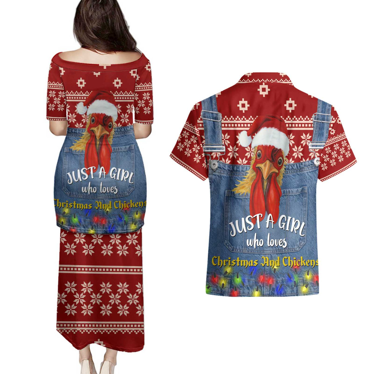 Just A Girl Who Loves Christmas And Chickens Christmas Couples Matching Puletasi and Hawaiian Shirt Funny Xmas Holiday Patterns - Wonder Print Shop