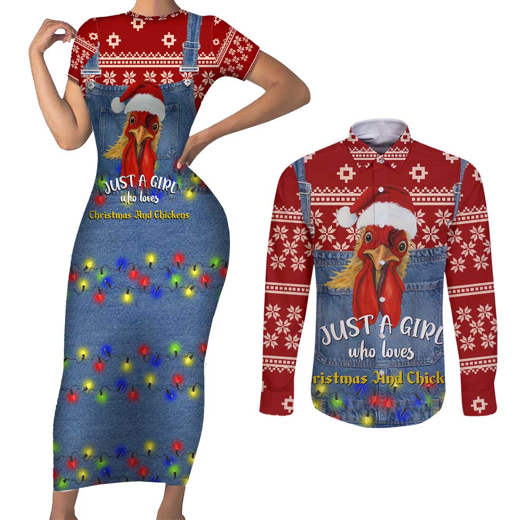 Just A Girl Who Loves Christmas And Chickens Christmas Couples Matching Short Sleeve Bodycon Dress and Long Sleeve Button Shirt Funny Xmas Holiday Patterns - Wonder Print Shop
