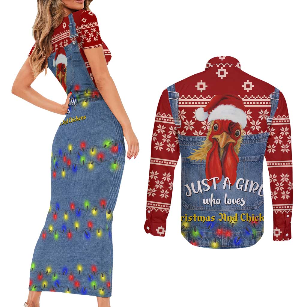Just A Girl Who Loves Christmas And Chickens Christmas Couples Matching Short Sleeve Bodycon Dress and Long Sleeve Button Shirt Funny Xmas Holiday Patterns - Wonder Print Shop