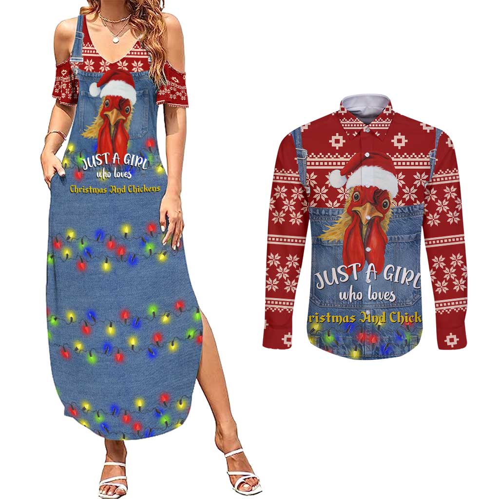 Just A Girl Who Loves Christmas And Chickens Christmas Couples Matching Summer Maxi Dress and Long Sleeve Button Shirt Funny Xmas Holiday Patterns - Wonder Print Shop