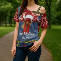 Just A Girl Who Loves Christmas And Chickens Christmas Cross Shoulder Shirt Funny Xmas Holiday Patterns - Wonder Print Shop