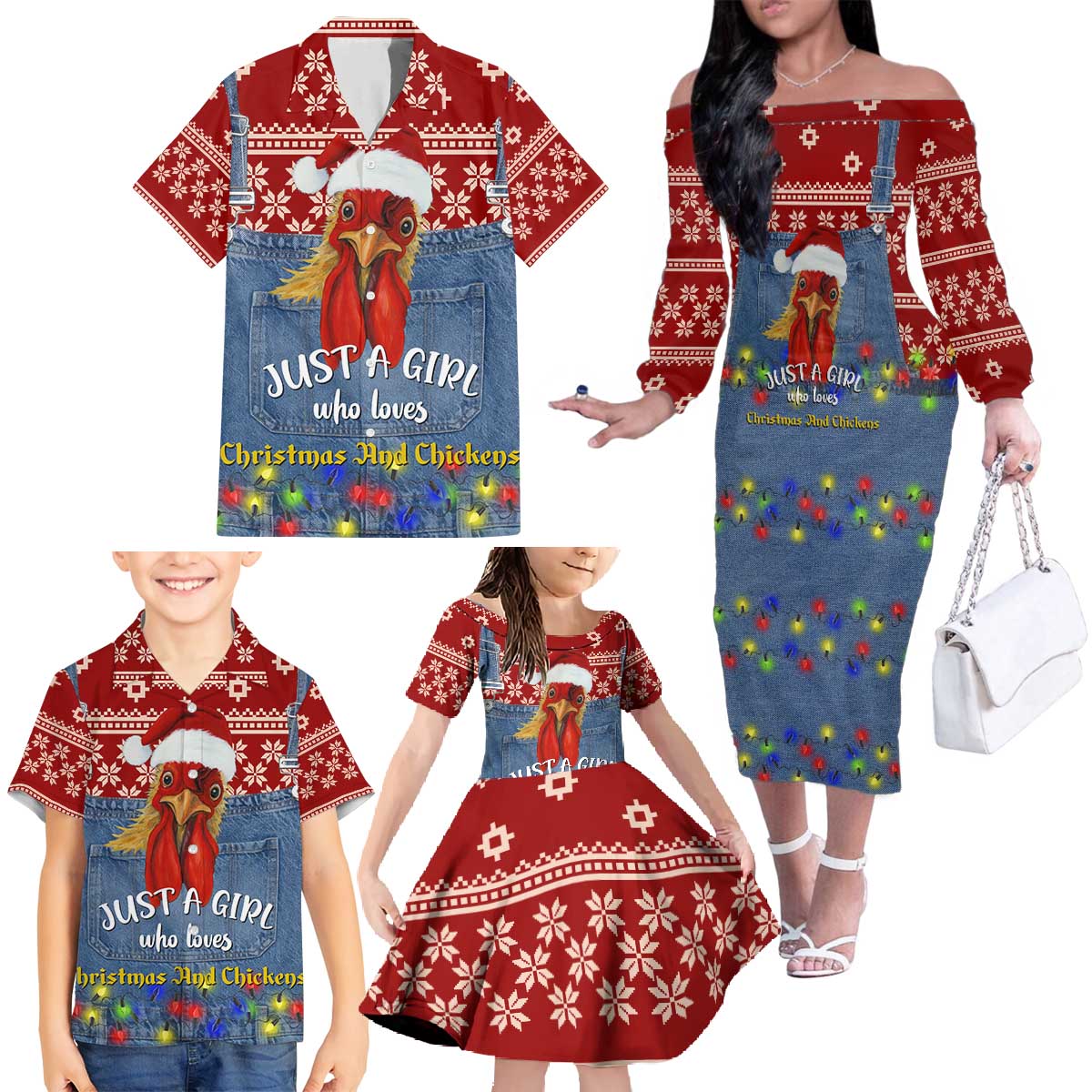 Just A Girl Who Loves Christmas And Chickens Christmas Family Matching Off The Shoulder Long Sleeve Dress and Hawaiian Shirt Funny Xmas Holiday Patterns - Wonder Print Shop