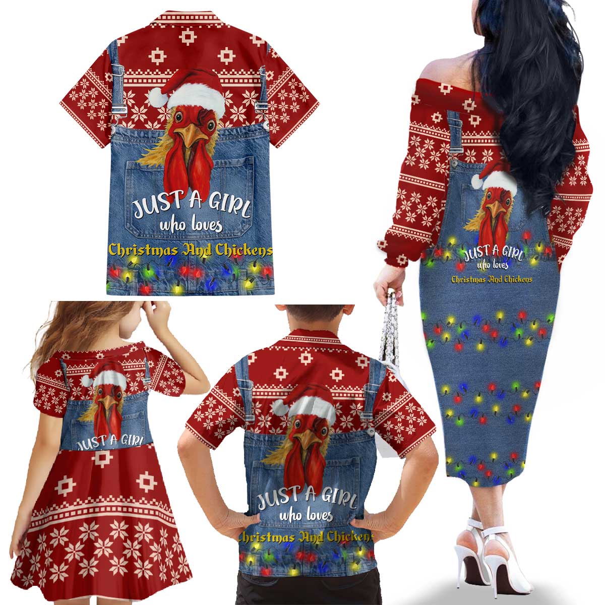 Just A Girl Who Loves Christmas And Chickens Christmas Family Matching Off The Shoulder Long Sleeve Dress and Hawaiian Shirt Funny Xmas Holiday Patterns - Wonder Print Shop