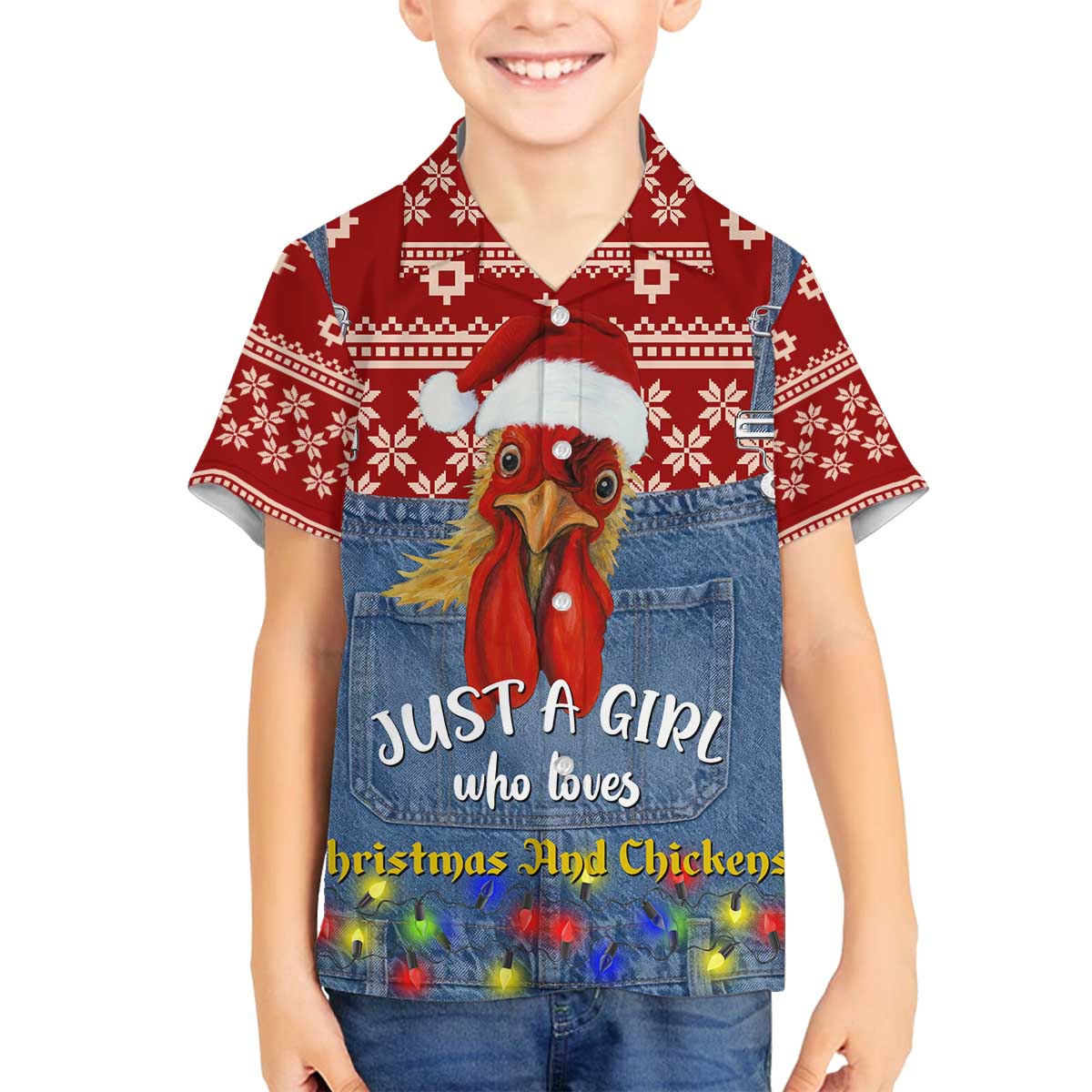 Just A Girl Who Loves Christmas And Chickens Christmas Family Matching Off The Shoulder Long Sleeve Dress and Hawaiian Shirt Funny Xmas Holiday Patterns - Wonder Print Shop