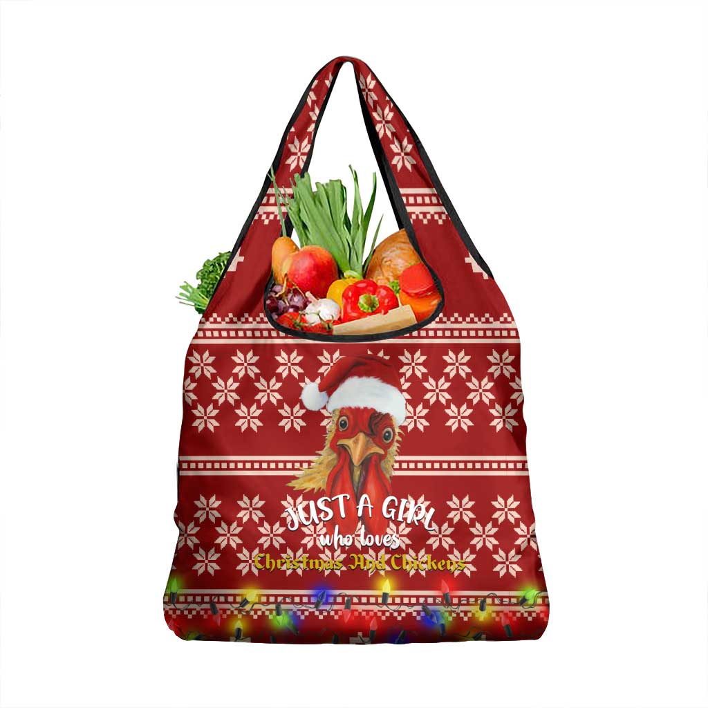 Just A Girl Who Loves Christmas And Chickens Christmas Grocery Bag Funny Xmas Holiday Patterns - Wonder Print Shop