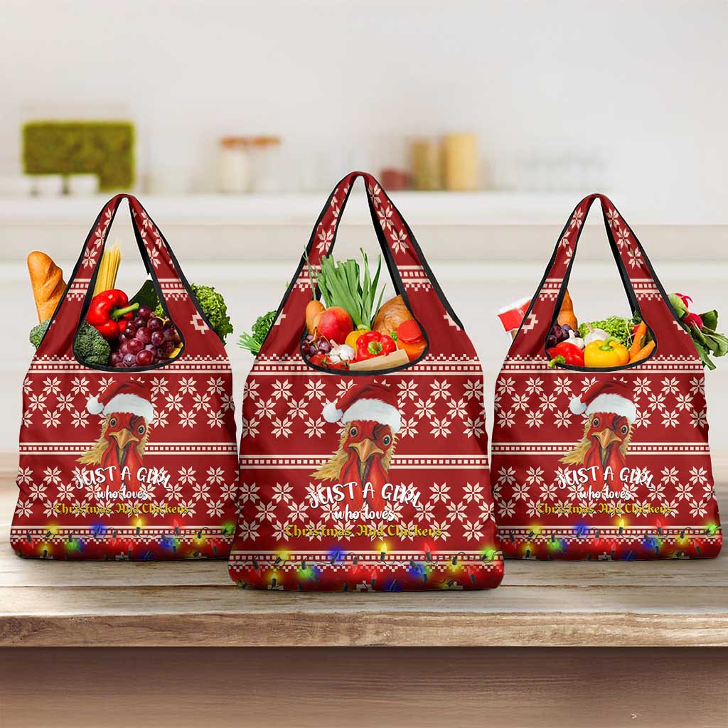 Just A Girl Who Loves Christmas And Chickens Christmas Grocery Bag Funny Xmas Holiday Patterns - Wonder Print Shop