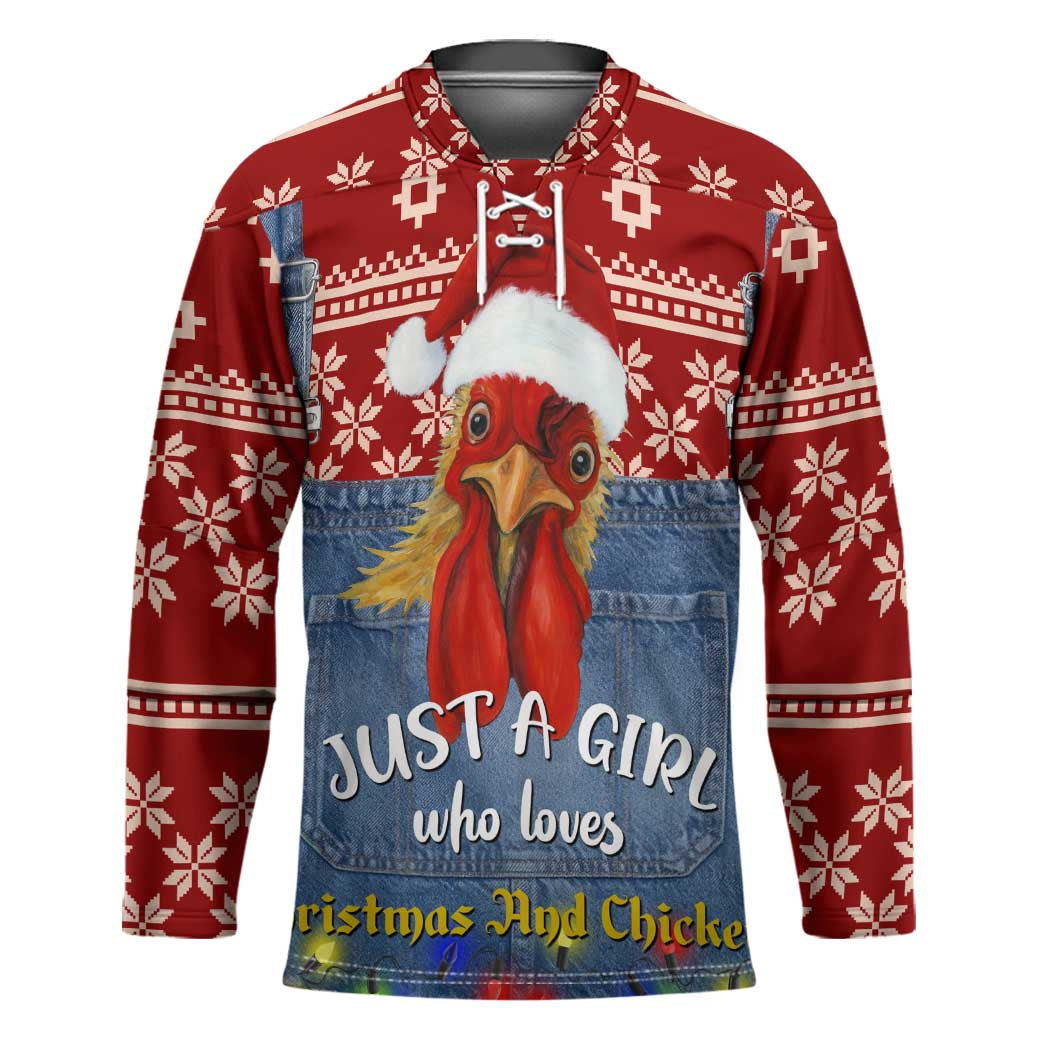 Just A Girl Who Loves Christmas And Chickens Christmas Hockey Jersey Funny Xmas Holiday Patterns - Wonder Print Shop