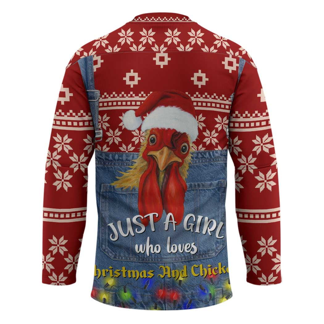 Just A Girl Who Loves Christmas And Chickens Christmas Hockey Jersey Funny Xmas Holiday Patterns - Wonder Print Shop