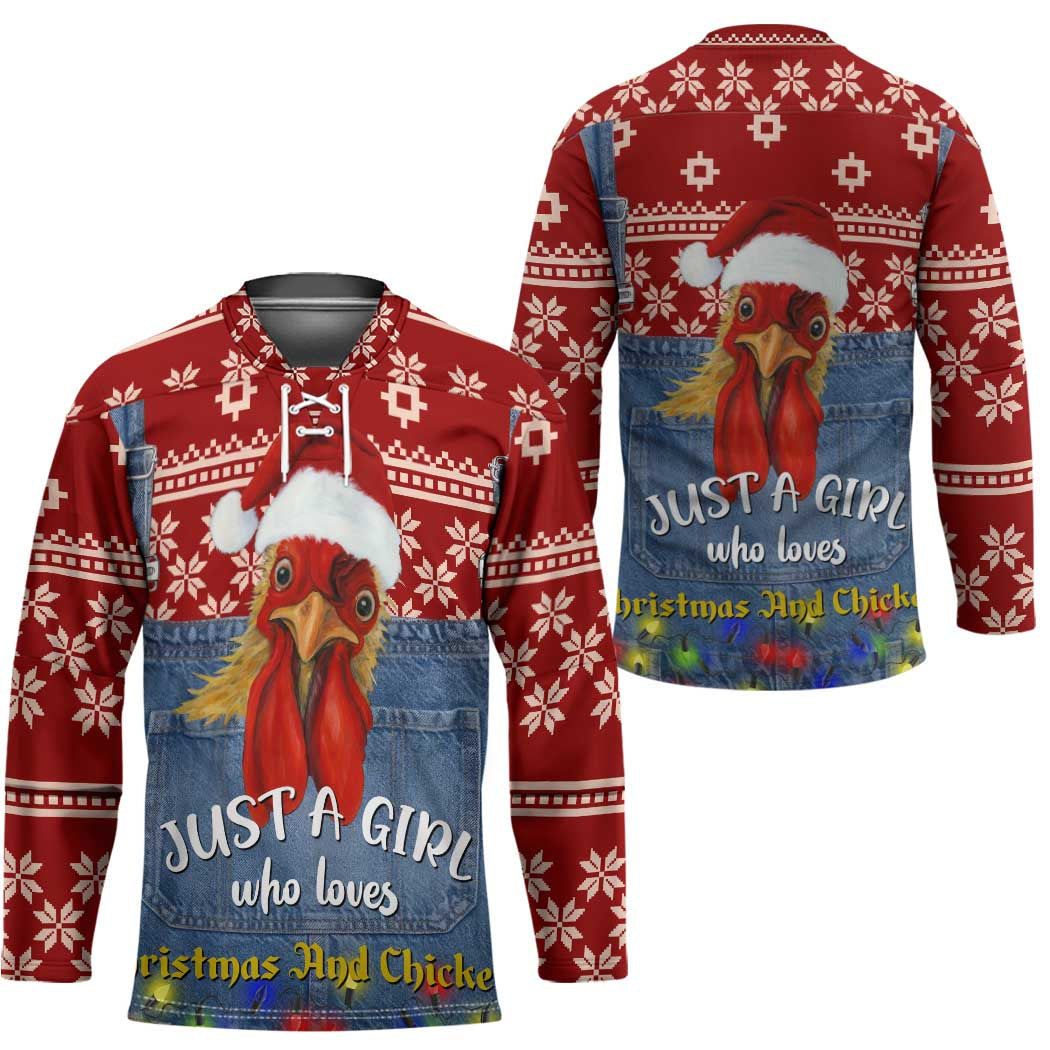 Just A Girl Who Loves Christmas And Chickens Christmas Hockey Jersey Funny Xmas Holiday Patterns - Wonder Print Shop