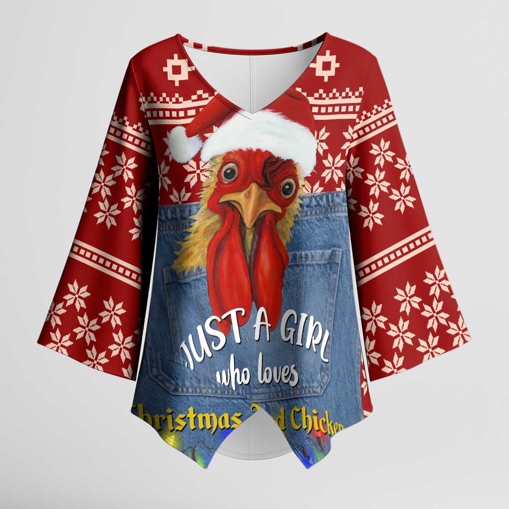 Just A Girl Who Loves Christmas And Chickens Christmas Kimono Sleeve Blouse Funny Xmas Holiday Patterns - Wonder Print Shop