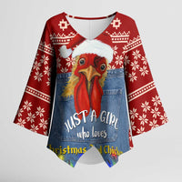 Just A Girl Who Loves Christmas And Chickens Christmas Kimono Sleeve Blouse Funny Xmas Holiday Patterns - Wonder Print Shop