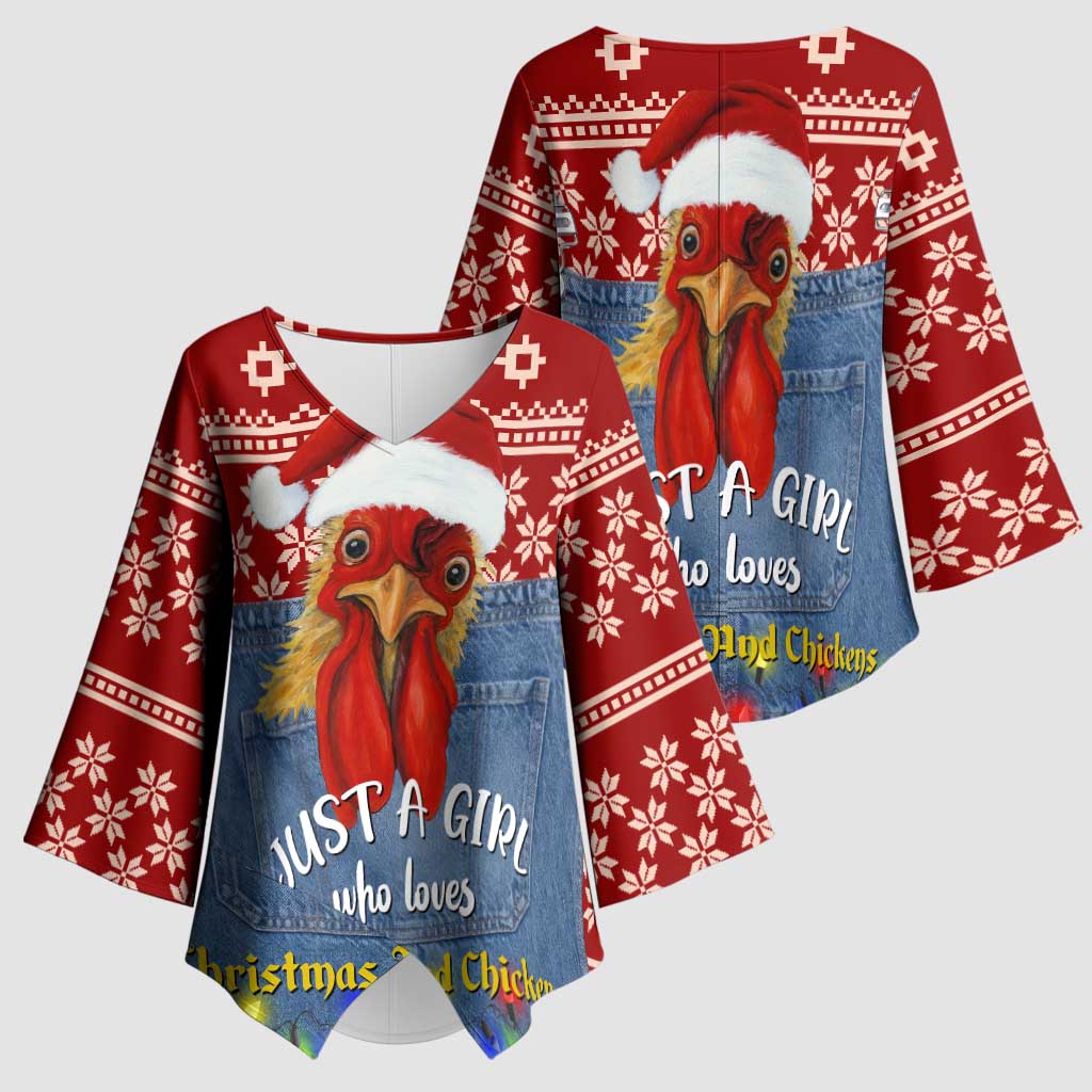 Just A Girl Who Loves Christmas And Chickens Christmas Kimono Sleeve Blouse Funny Xmas Holiday Patterns - Wonder Print Shop