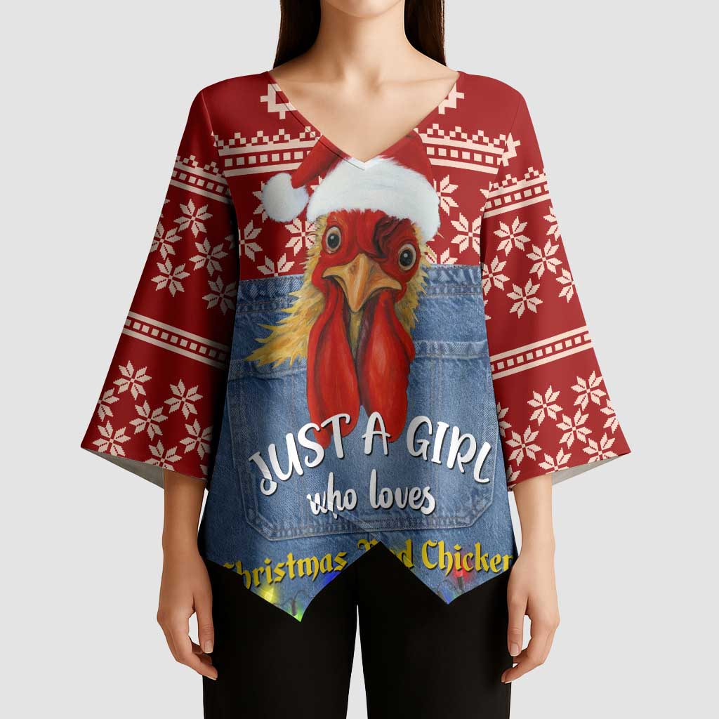 Just A Girl Who Loves Christmas And Chickens Christmas Kimono Sleeve Blouse Funny Xmas Holiday Patterns - Wonder Print Shop