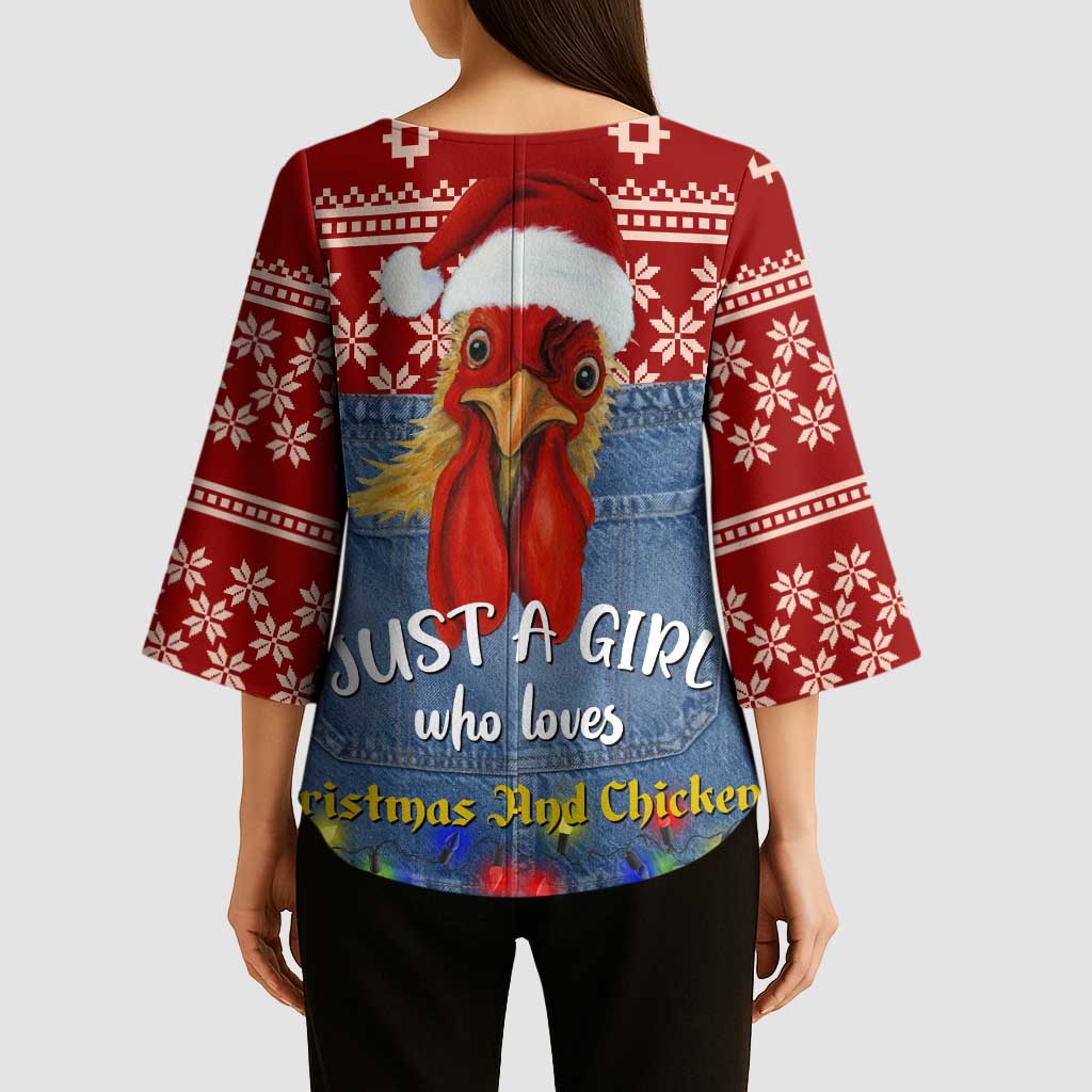 Just A Girl Who Loves Christmas And Chickens Christmas Kimono Sleeve Blouse Funny Xmas Holiday Patterns - Wonder Print Shop