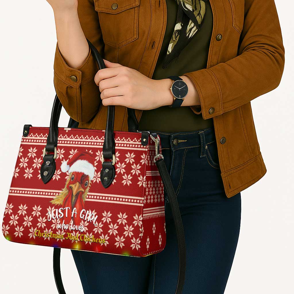 Just A Girl Who Loves Christmas And Chickens Christmas Leather Bag Funny Xmas Holiday Patterns - Wonder Print Shop
