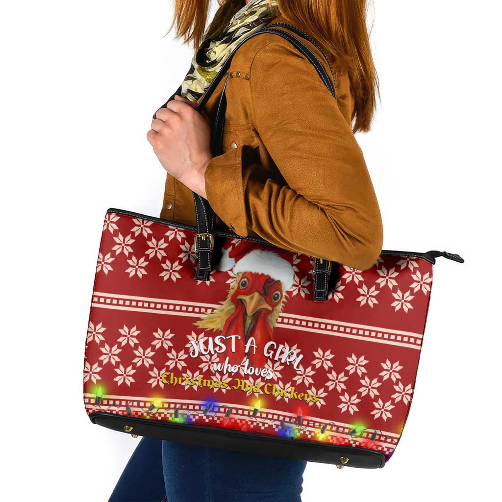 Just A Girl Who Loves Christmas And Chickens Christmas Leather Tote Bag Funny Xmas Holiday Patterns - Wonder Print Shop