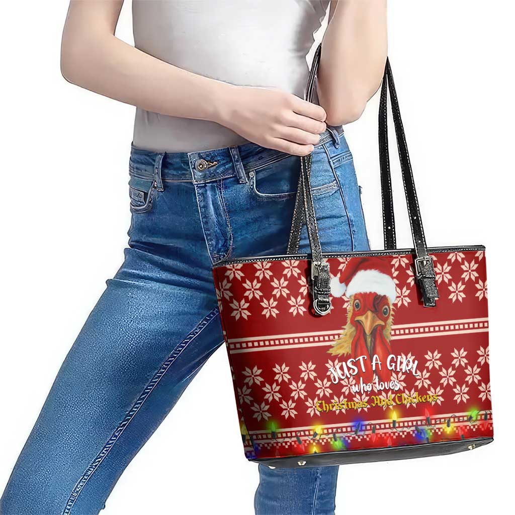 Just A Girl Who Loves Christmas And Chickens Christmas Leather Tote Bag Funny Xmas Holiday Patterns - Wonder Print Shop