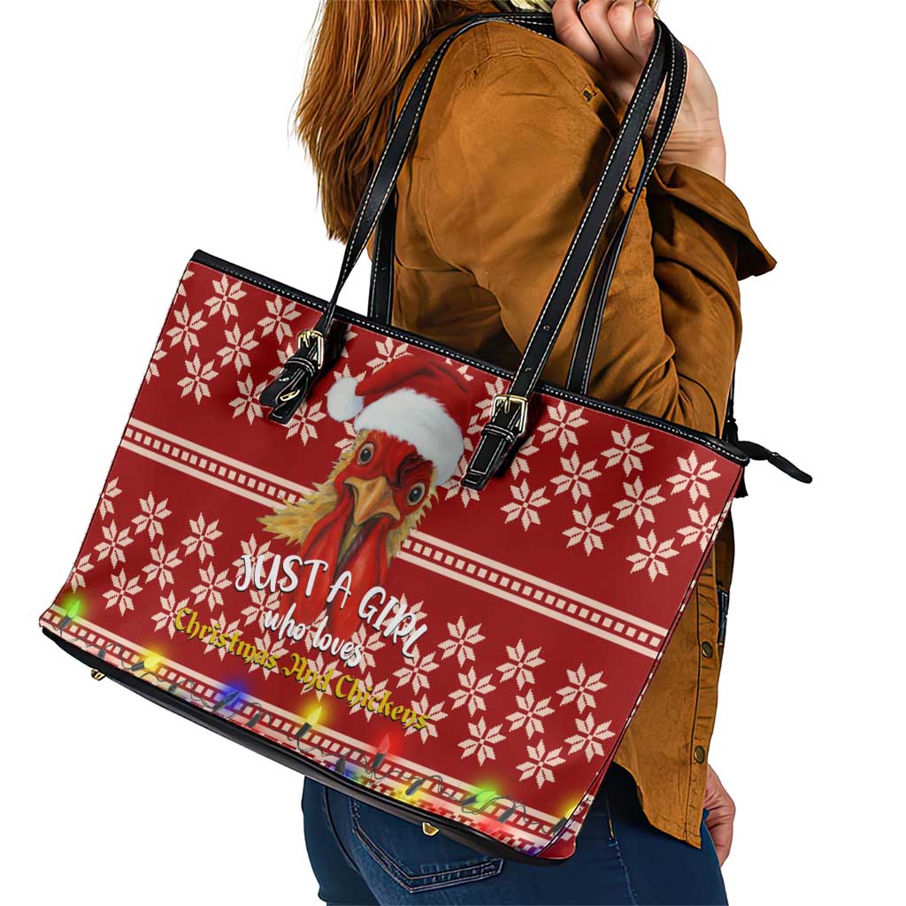 Just A Girl Who Loves Christmas And Chickens Christmas Leather Tote Bag Funny Xmas Holiday Patterns - Wonder Print Shop