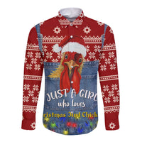 Just A Girl Who Loves Christmas And Chickens Christmas Long Sleeve Button Shirt Funny Xmas Holiday Patterns - Wonder Print Shop