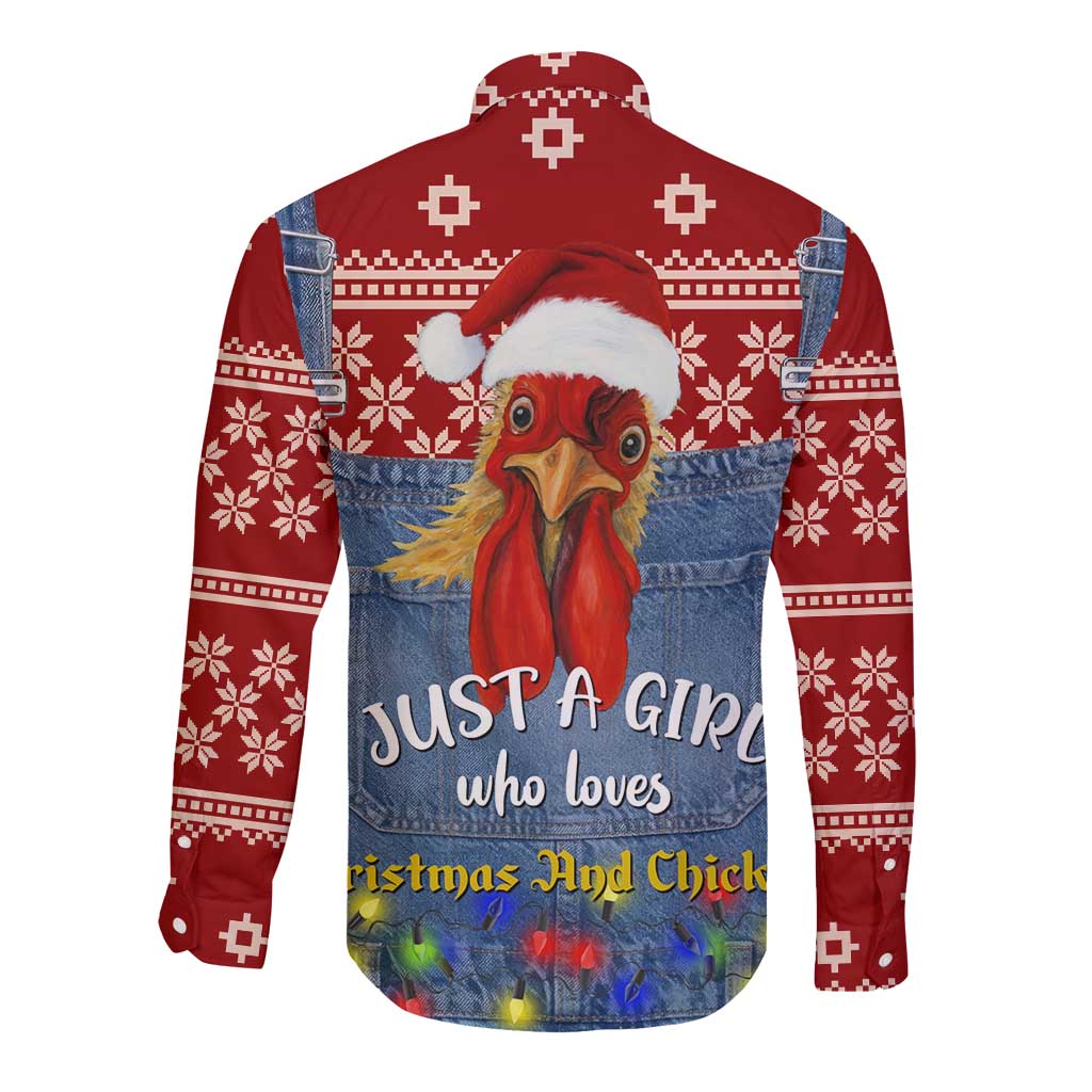 Just A Girl Who Loves Christmas And Chickens Christmas Long Sleeve Button Shirt Funny Xmas Holiday Patterns - Wonder Print Shop