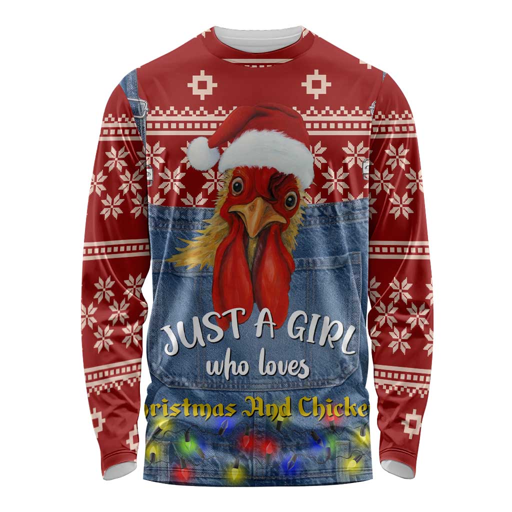 Just A Girl Who Loves Christmas And Chickens Christmas Long Sleeve Shirt Funny Xmas Holiday Patterns - Wonder Print Shop